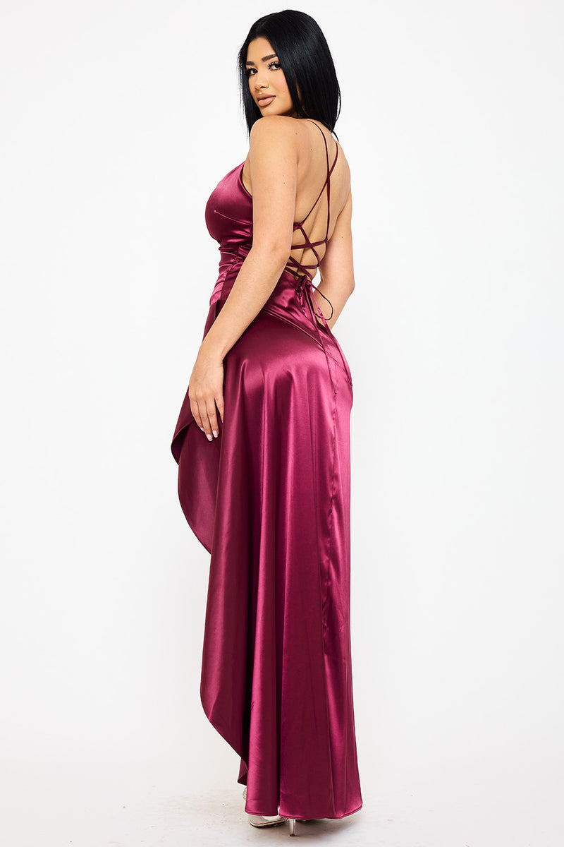 SATIN SUPLICE RUFFLE HI-LOW MAXI DRESS