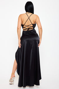 SATIN SUPLICE RUFFLE HI-LOW MAXI DRESS