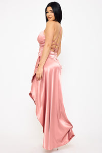 SATIN SUPLICE RUFFLE HI-LOW MAXI DRESS