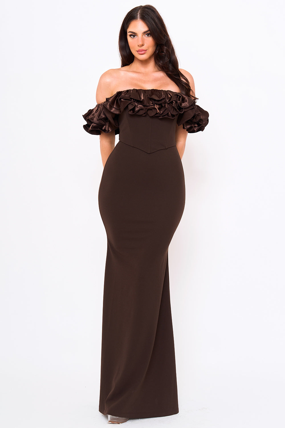 RUFFLE OFF THE SHOULDER MAXI DRESS