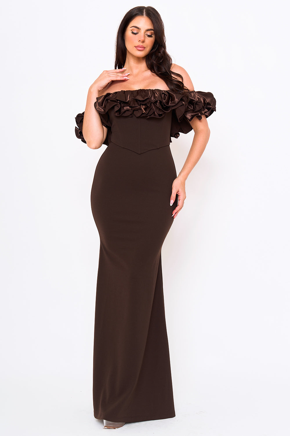 RUFFLE OFF THE SHOULDER MAXI DRESS