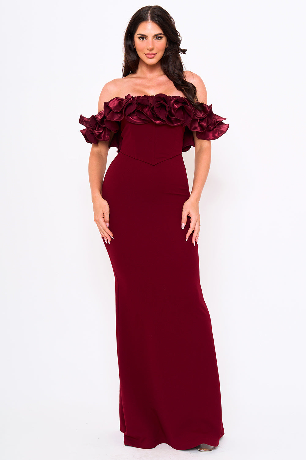 RUFFLE OFF THE SHOULDER MAXI DRESS