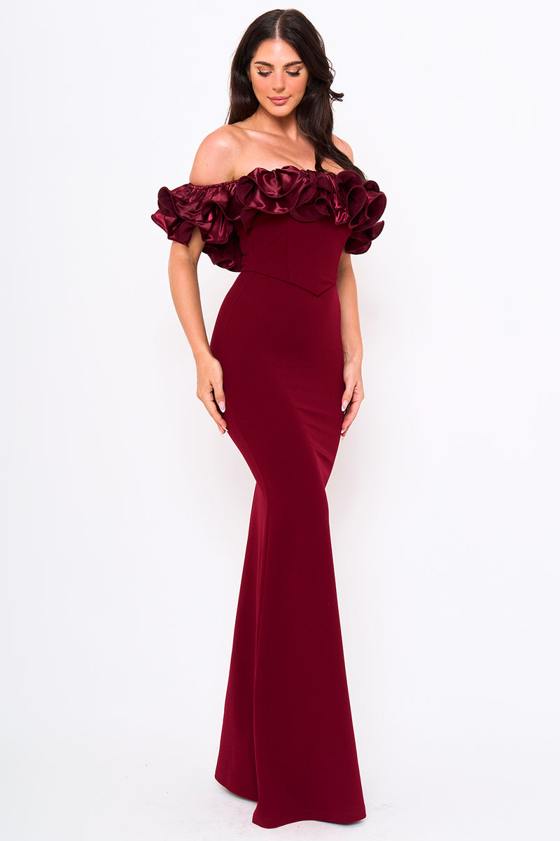 RUFFLE OFF THE SHOULDER MAXI DRESS