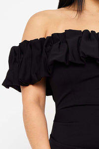 CREZIA FABRIC RUFFLE OFF THE SHOULDER MAXI DRESS