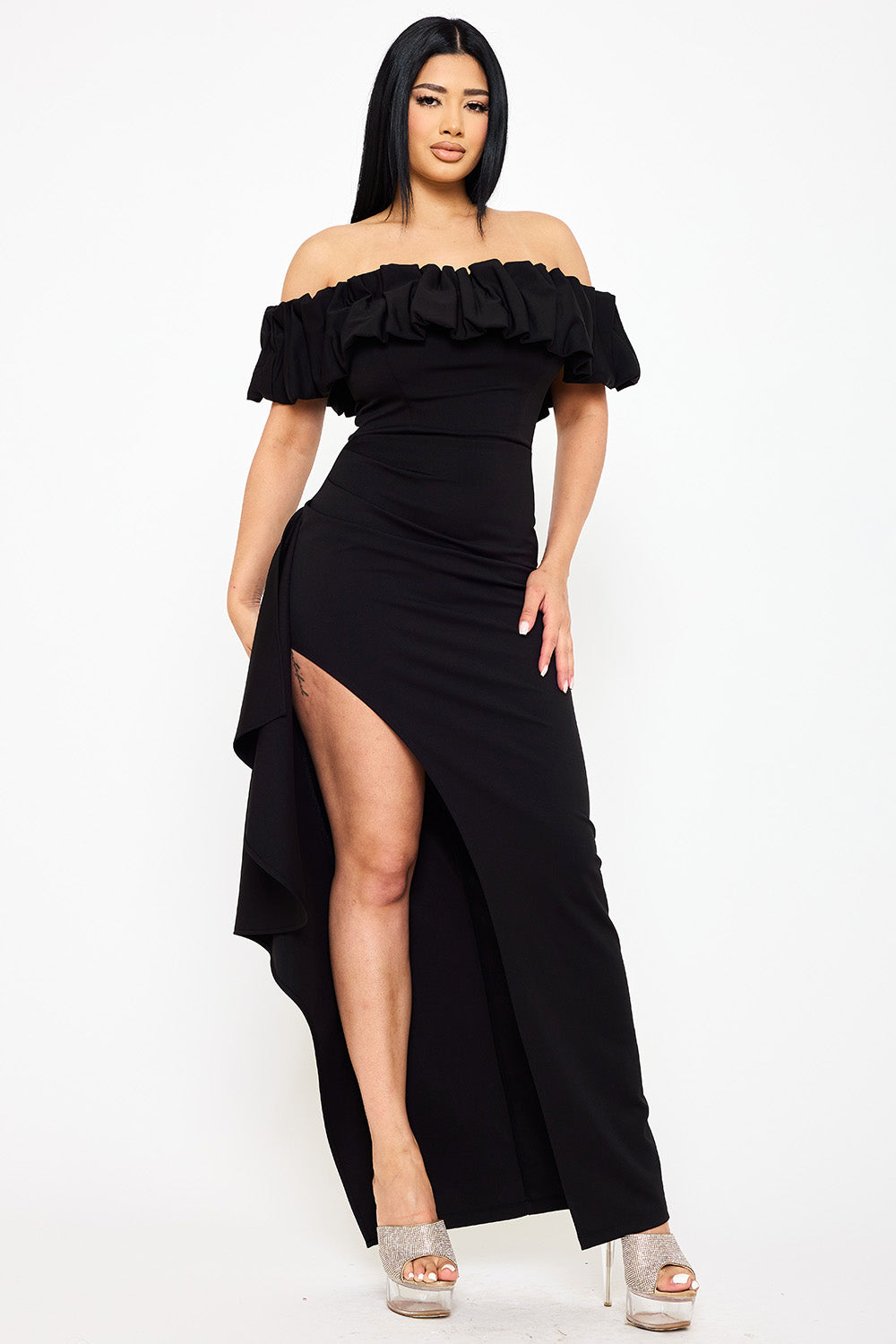 CREZIA FABRIC RUFFLE OFF THE SHOULDER MAXI DRESS