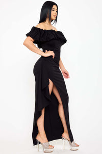 CREZIA FABRIC RUFFLE OFF THE SHOULDER MAXI DRESS
