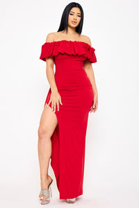 CREZIA FABRIC RUFFLE OFF THE SHOULDER MAXI DRESS