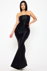 RECTANGLE RHINESTONE SATIN MERMAID MAXI DRESS