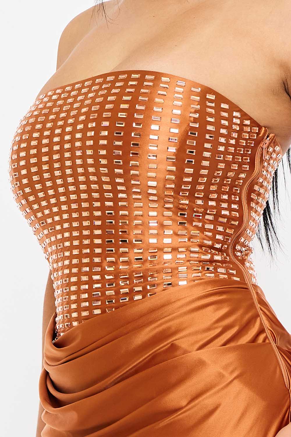 RECTANGLE RHINESTONE SATIN MERMAID MAXI DRESS