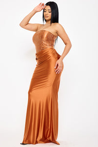 RECTANGLE RHINESTONE SATIN MERMAID MAXI DRESS