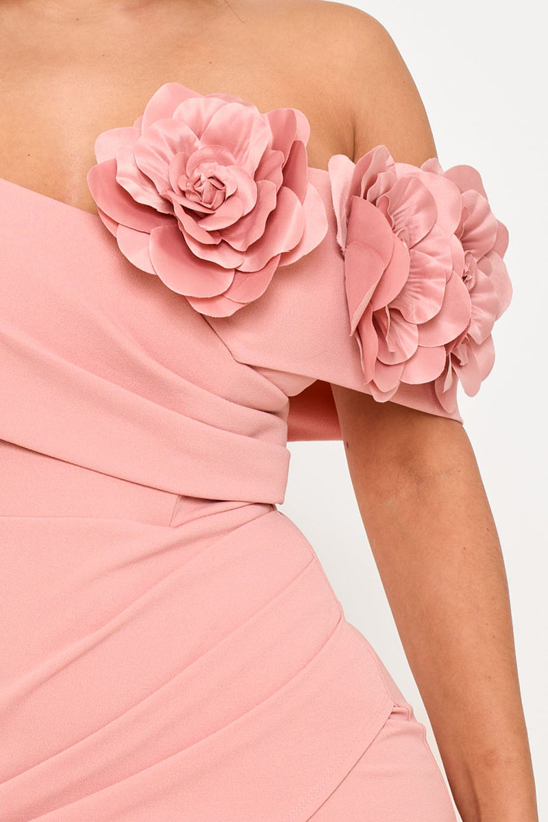 FLOWER CORSAGE ON ONE SIDE OFF THE SHOULDER MAXI DRESS