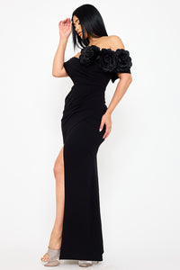 FLOWER CORSAGE ON ONE SIDE OFF THE SHOULDER MAXI DRESS