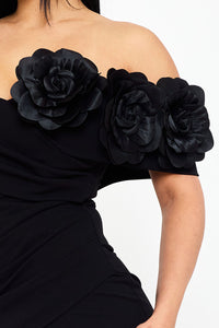 FLOWER CORSAGE ON ONE SIDE OFF THE SHOULDER MAXI DRESS