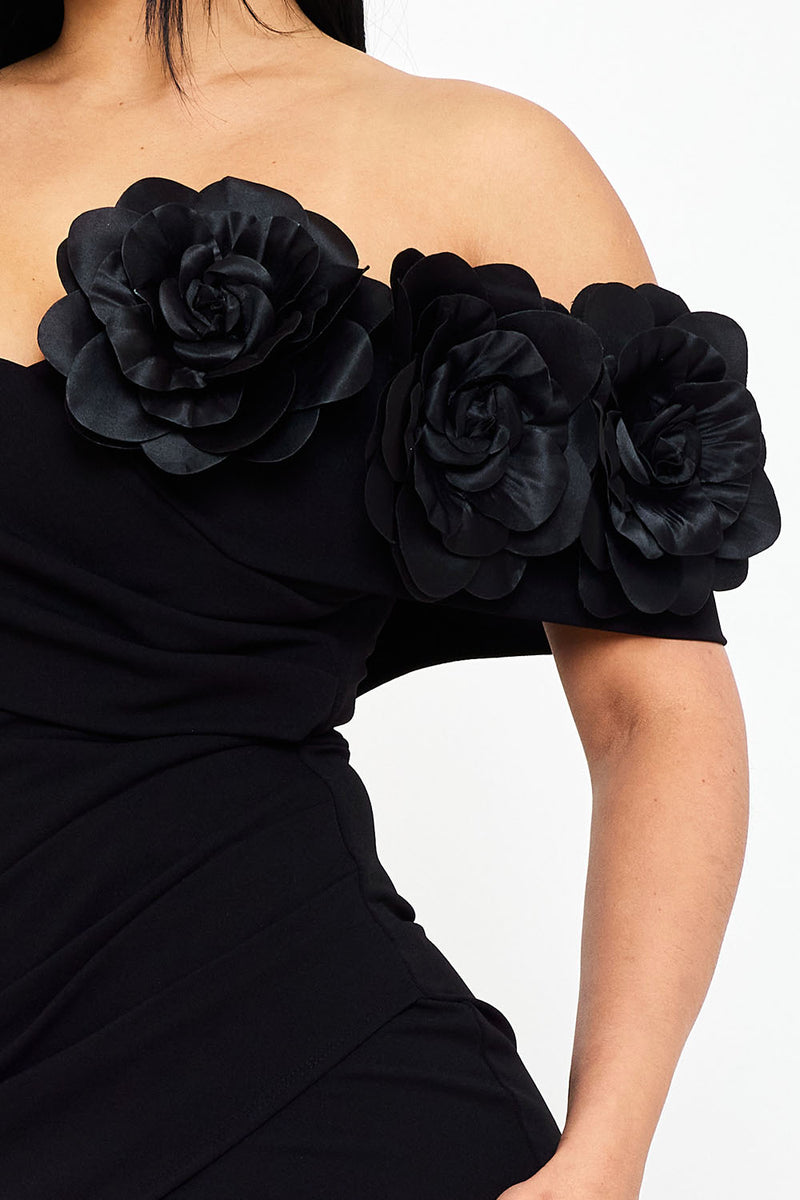 FLOWER CORSAGE ON ONE SIDE OFF THE SHOULDER MAXI DRESS