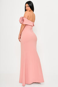 FLOWER CORSAGE ON ONE SIDE OFF THE SHOULDER MAXI DRESS