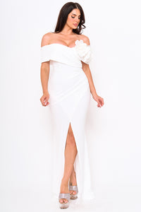 FLOWER CORSAGE ON ONE SIDE OFF THE SHOULDER MAXI DRESS