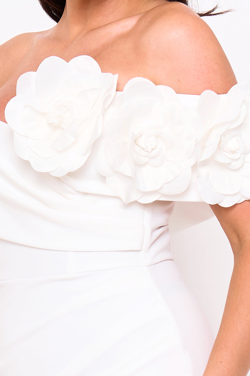 FLOWER CORSAGE ON ONE SIDE OFF THE SHOULDER MAXI DRESS