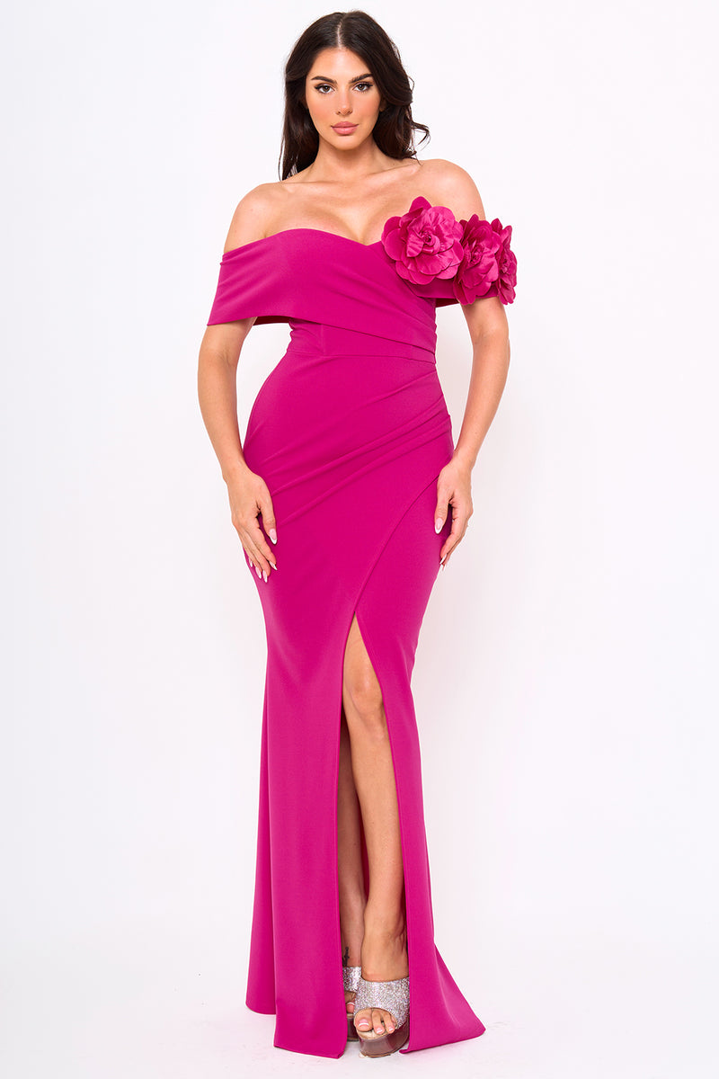 FLOWER CORSAGE ON ONE SIDE OFF THE SHOULDER MAXI DRESS