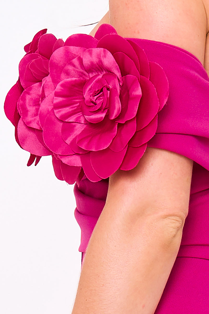 FLOWER CORSAGE ON ONE SIDE OFF THE SHOULDER MAXI DRESS