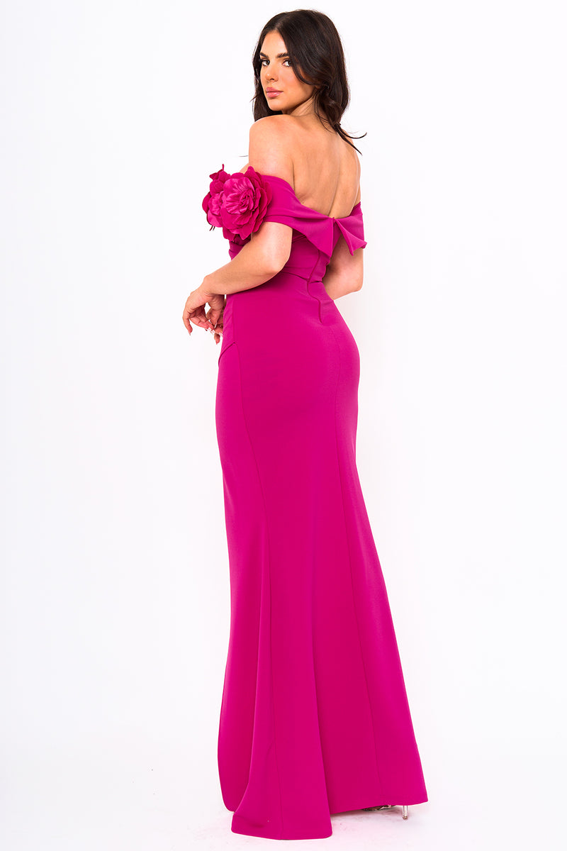 FLOWER CORSAGE ON ONE SIDE OFF THE SHOULDER MAXI DRESS