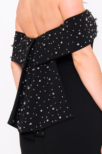 PEARL BEADED DETAIL OFF THE SHOULDER MERMAID MAXI DRESS