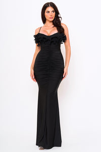 PLEATED RUFFLE ON POWER SATIN MAXI DRESS