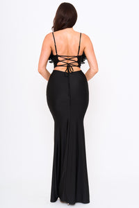 PLEATED RUFFLE ON POWER SATIN MAXI DRESS