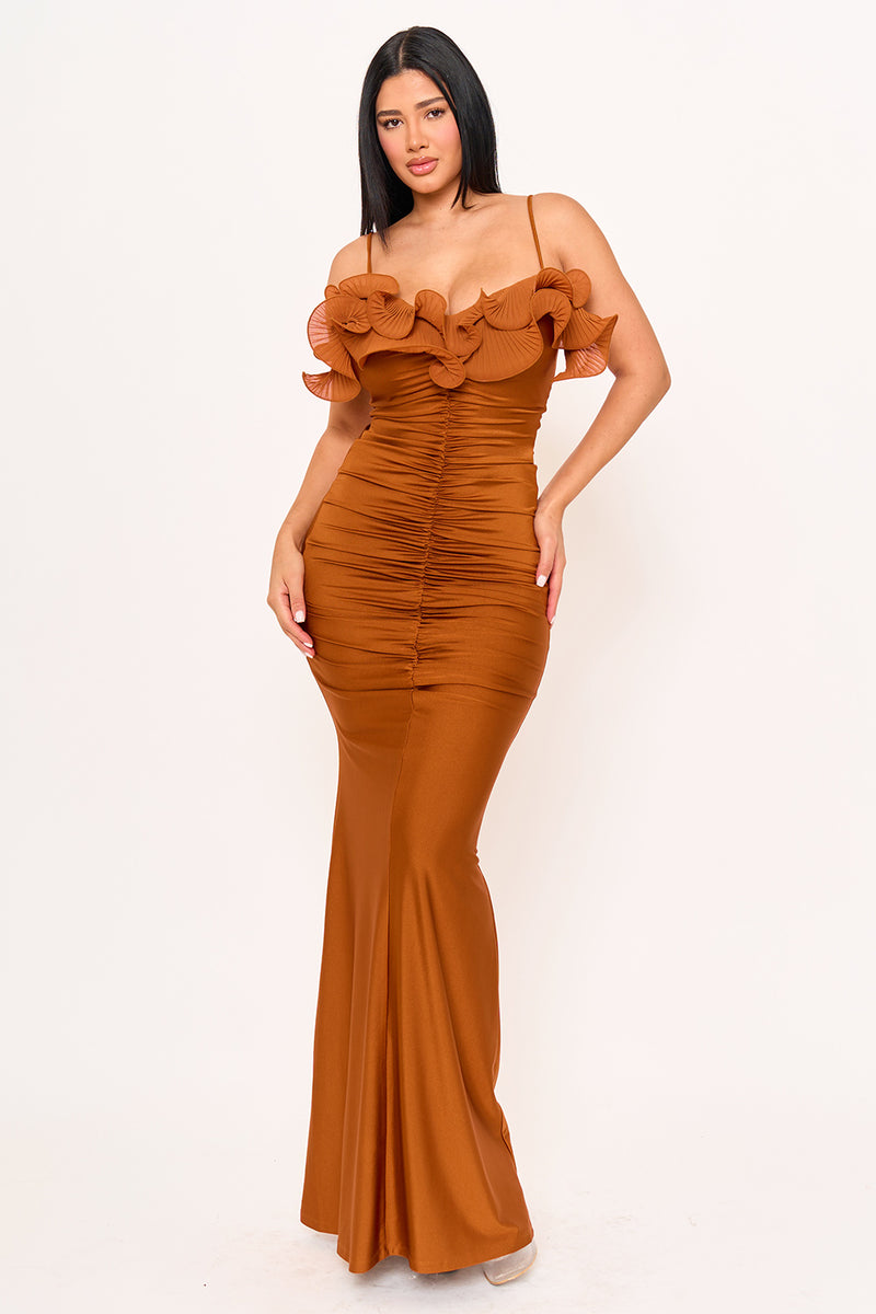 PLEATED RUFFLE ON POWER SATIN MAXI DRESS