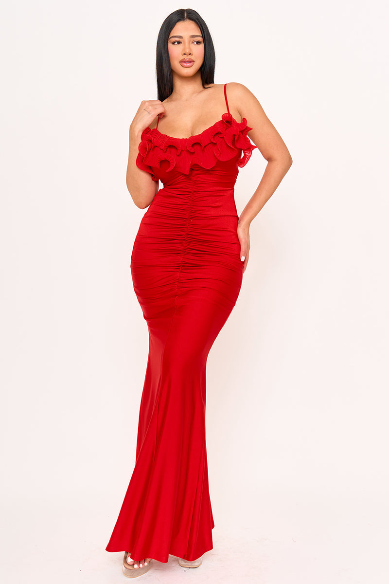 PLEATED RUFFLE ON POWER SATIN MAXI DRESS