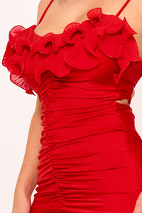 PLEATED RUFFLE ON POWER SATIN MAXI DRESS