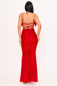 PLEATED RUFFLE ON POWER SATIN MAXI DRESS