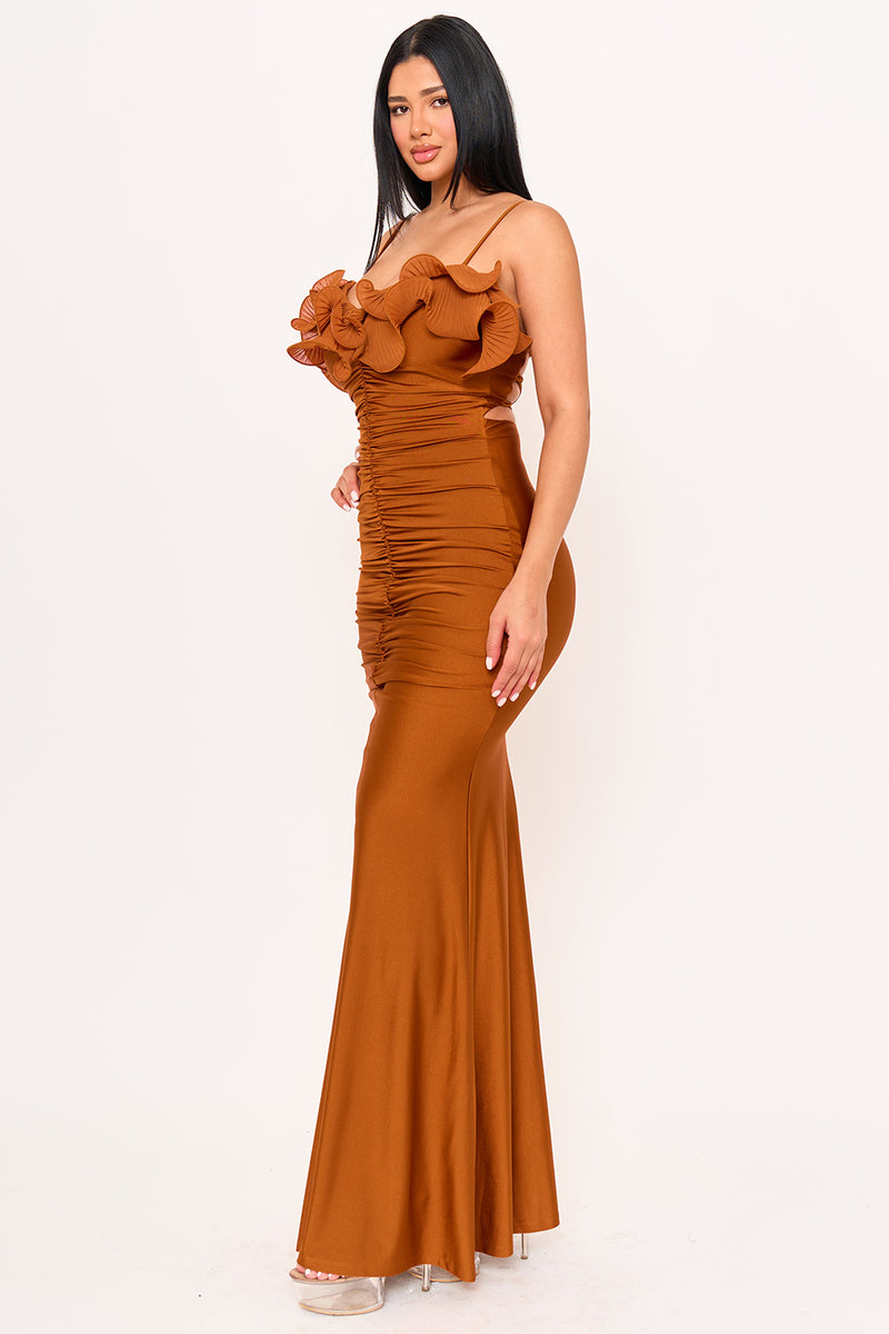 PLEATED RUFFLE ON POWER SATIN MAXI DRESS