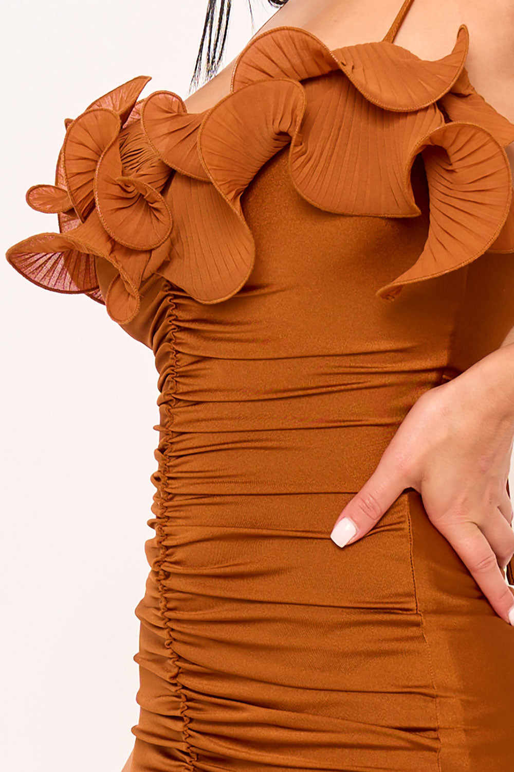 PLEATED RUFFLE ON POWER SATIN MAXI DRESS