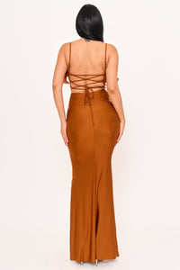 PLEATED RUFFLE ON POWER SATIN MAXI DRESS