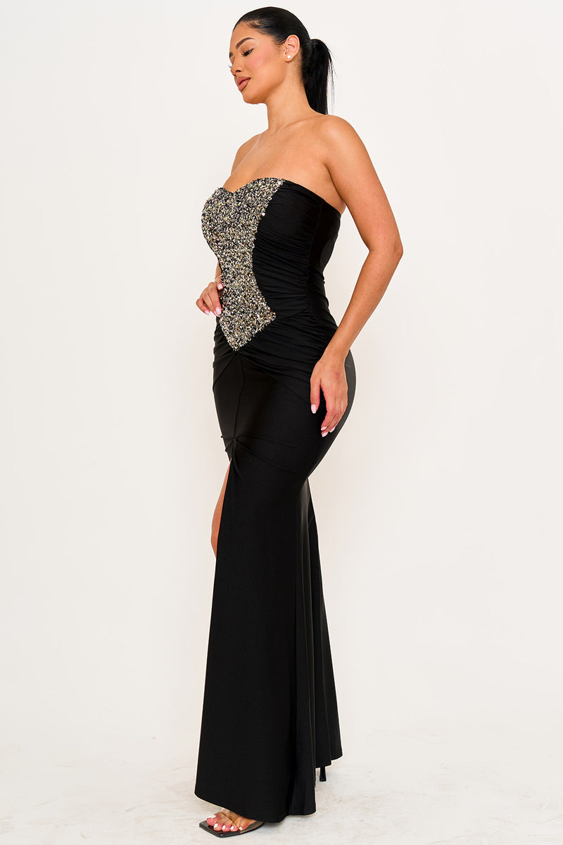 SEQUIN ON SATIN MAXI DRESS