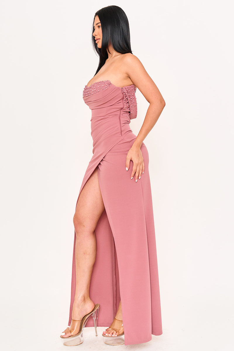 PEARL AND RHINESTONE EMBELLISHED MAXI DRESS