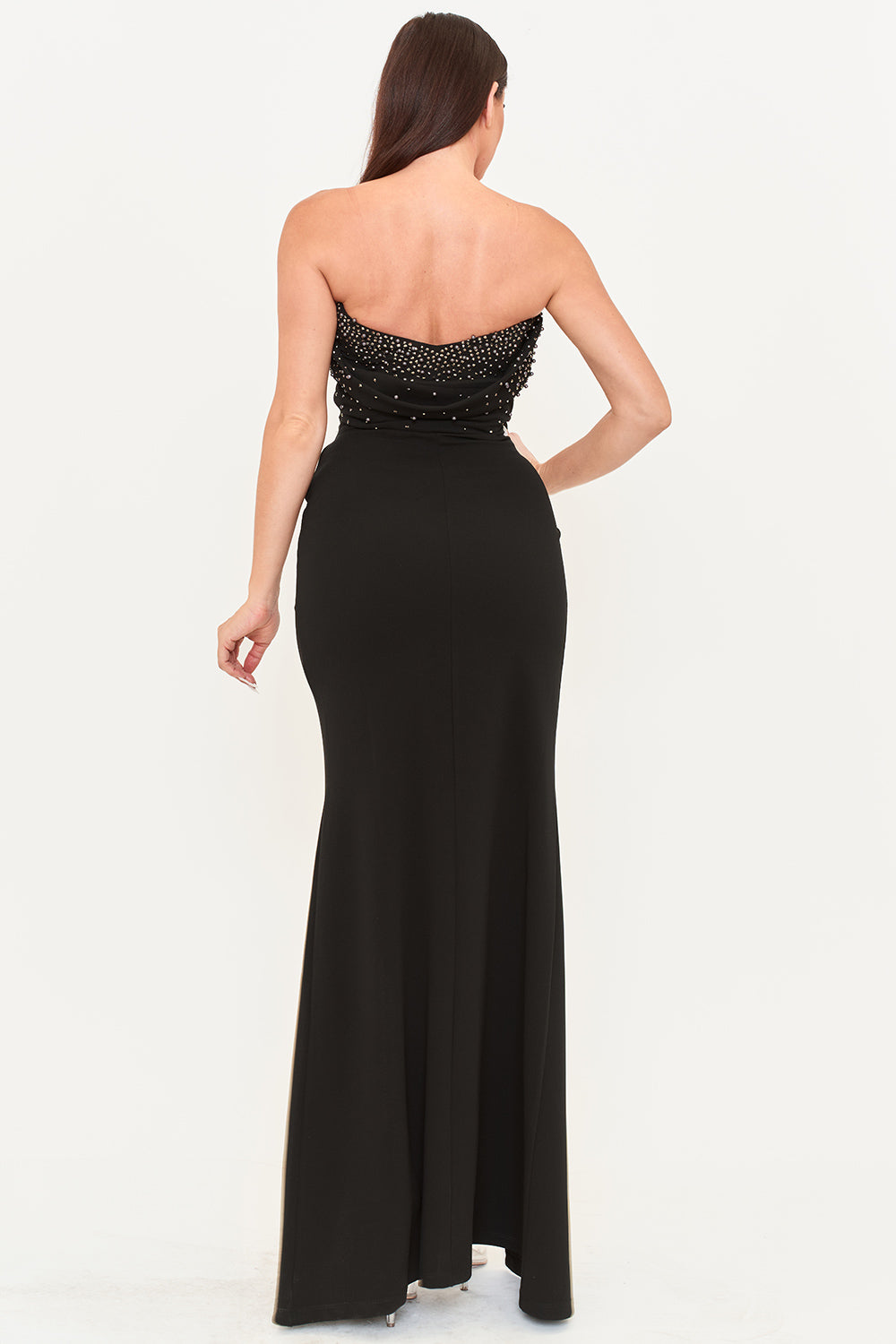 PEARL AND RHINESTONE EMBELLISHED MAXI DRESS