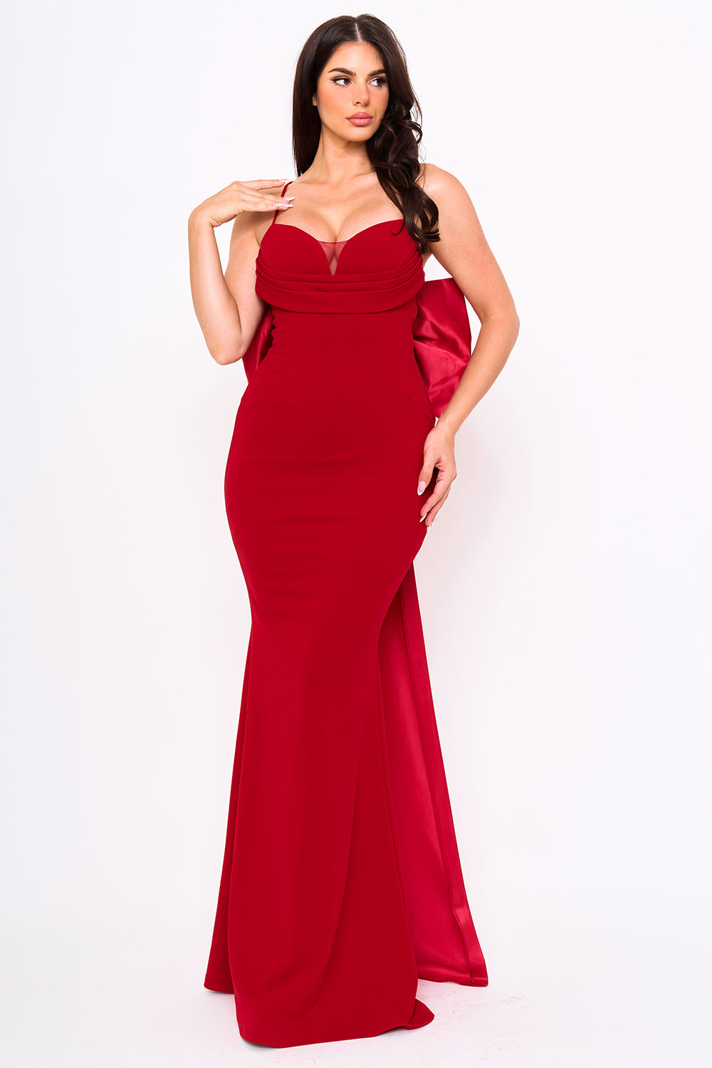 OVERSIZED RIBBON BOW ON THE BACK DETAIL MERMAID MAXI DRESS