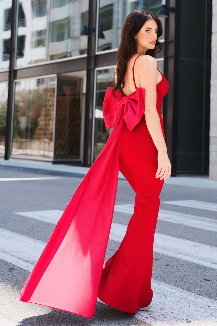 OVERSIZED RIBBON BOW ON THE BACK DETAIL MERMAID MAXI DRESS
