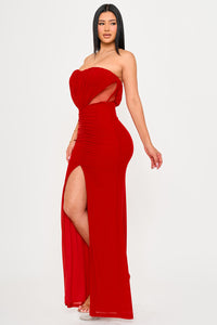 SHIRRING DETAIL WITH MESH SIDE MAXI DRESS