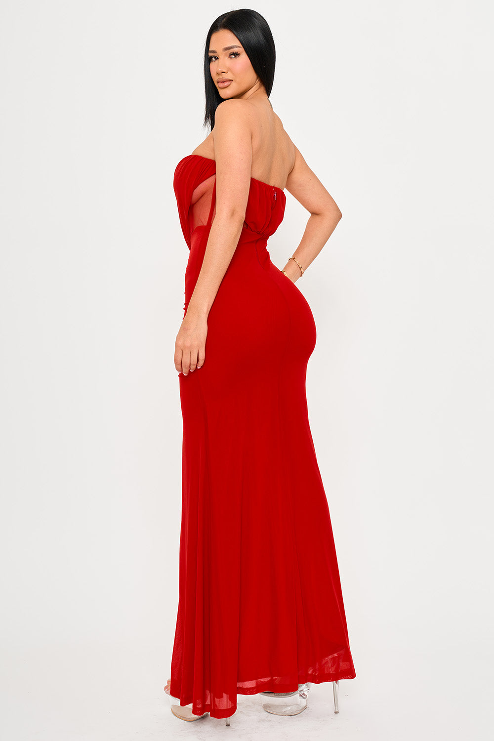 SHIRRING DETAIL WITH MESH SIDE MAXI DRESS