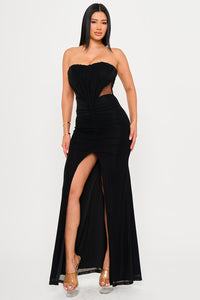 SHIRRING DETAIL WITH MESH SIDE MAXI DRESS