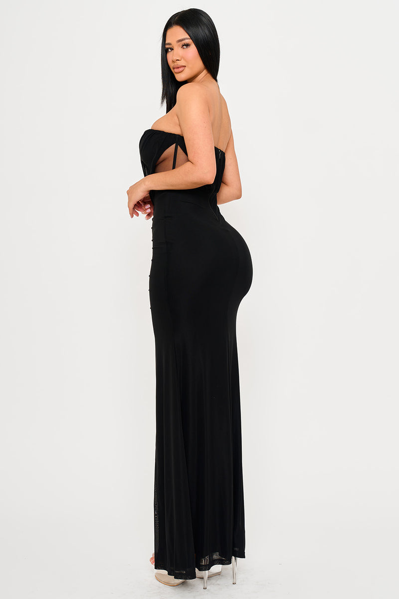 SHIRRING DETAIL WITH MESH SIDE MAXI DRESS