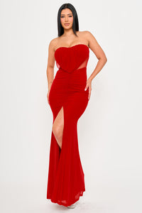 SHIRRING DETAIL WITH MESH SIDE MAXI DRESS