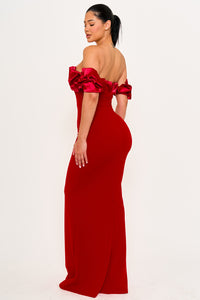 SATIN RUFFLE AND TECHNO CREPE CONTRAST MAXI DRESS