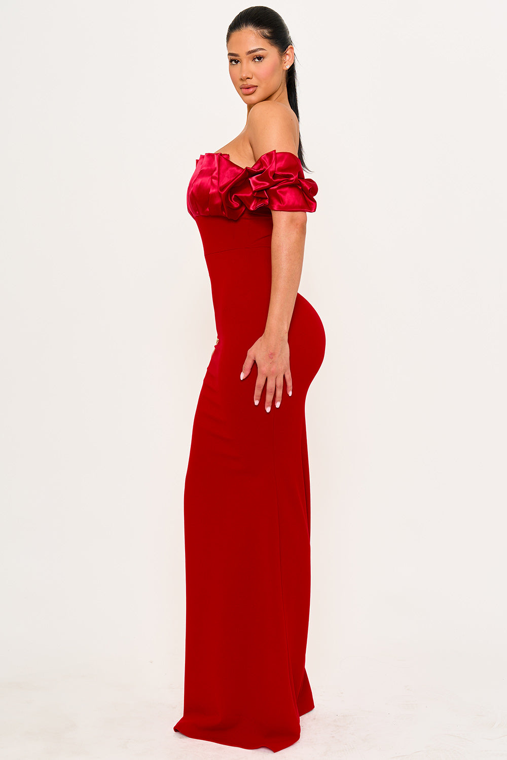 SATIN RUFFLE AND TECHNO CREPE CONTRAST MAXI DRESS