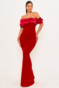 SATIN RUFFLE AND TECHNO CREPE CONTRAST MAXI DRESS