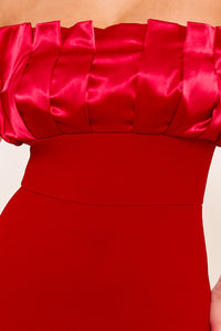 SATIN RUFFLE AND TECHNO CREPE CONTRAST MAXI DRESS