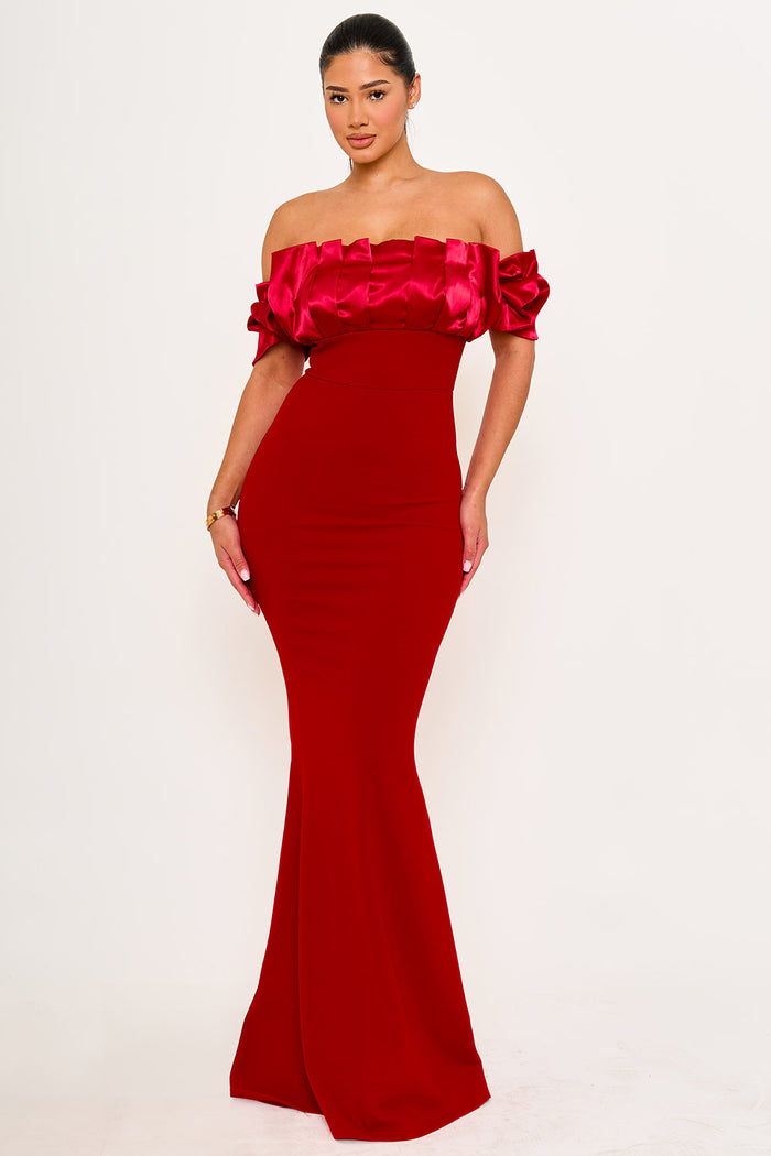 SATIN RUFFLE AND TECHNO CREPE CONTRAST MAXI DRESS