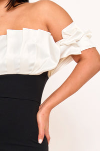 SATIN RUFFLE AND TECHNO CREPE CONTRAST MAXI DRESS